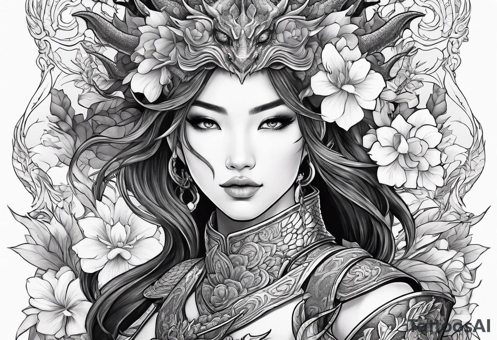beautiful warrior woman wearing dragon armor and a floral background and a dragon a full picture tattoo idea