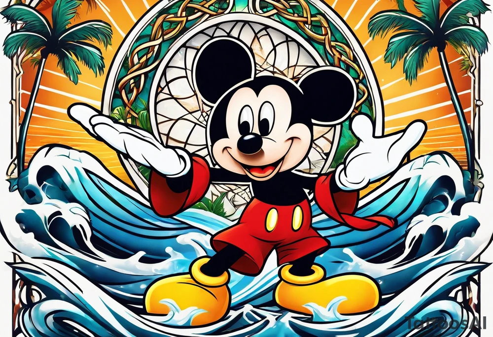 mickey mouse doing martial arts with palm trees, lightning storm and the celtic symbol for family tattoo idea