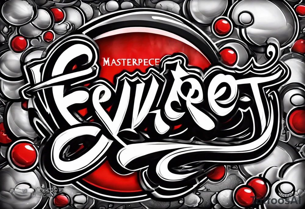 The name “EVERETT” in old school bubble graffiti with 3d effects with mostly red, black and white tattoo idea