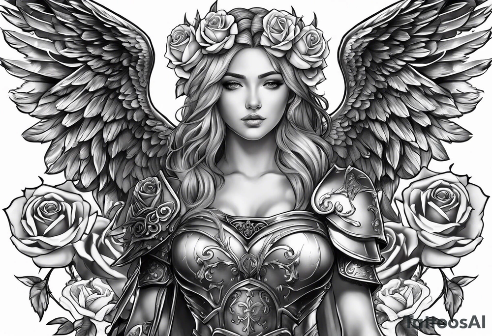 Angel in armor with roses tattoo idea