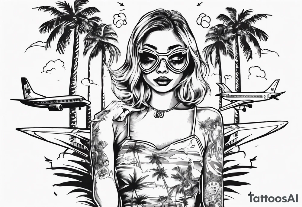 girl in a cat mask with palm trees and airplanes in the background tattoo idea