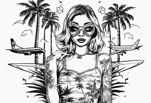 girl in a cat mask with palm trees and airplanes in the background tattoo idea