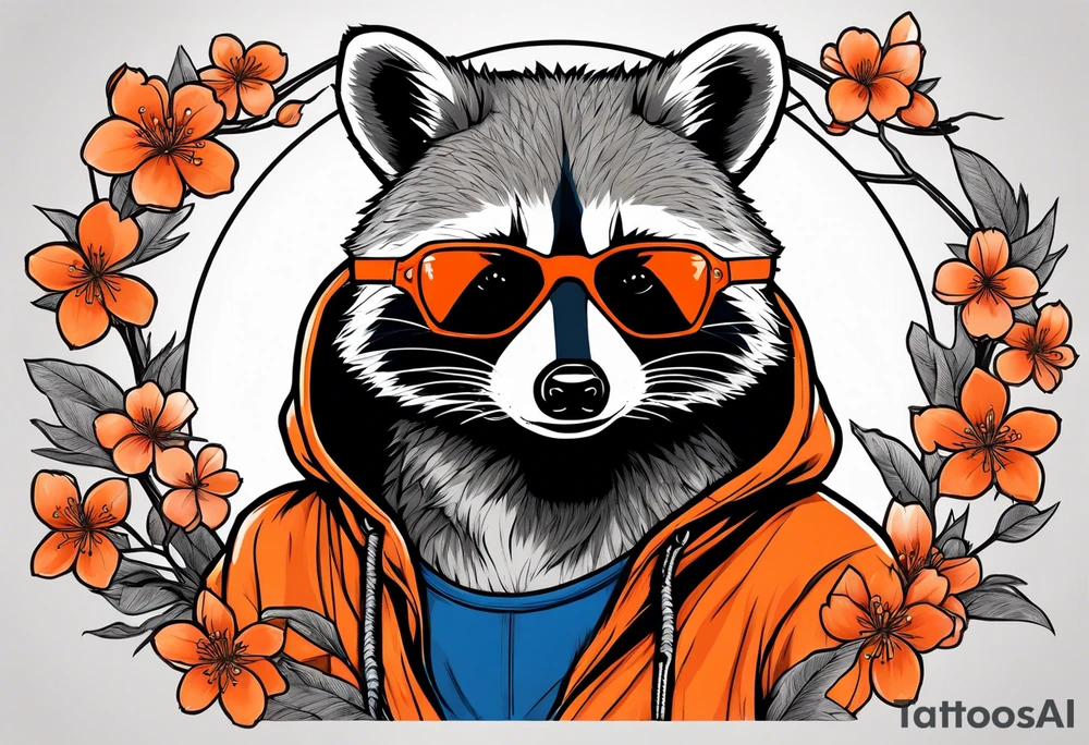 raccoon wearing a Superman hoodie with black and white logo and orange Japanese cherry blossoms tattoo idea