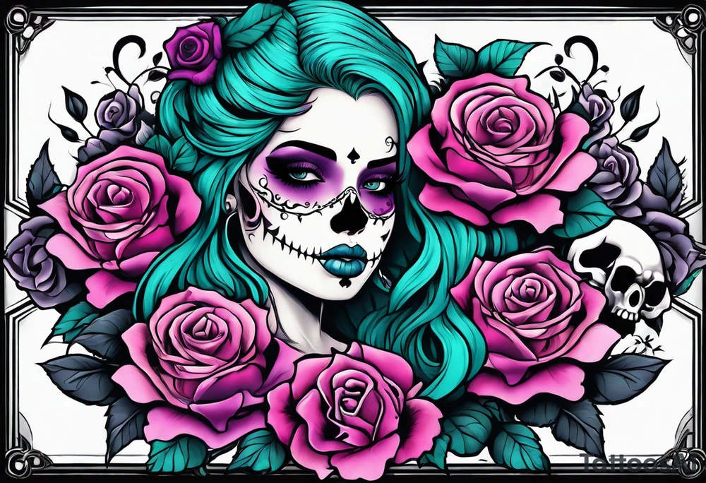 Chubby gothic girl, roses, skulls, teal, pink, purple tattoo idea