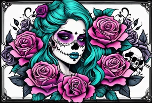 Chubby gothic girl, roses, skulls, teal, pink, purple tattoo idea
