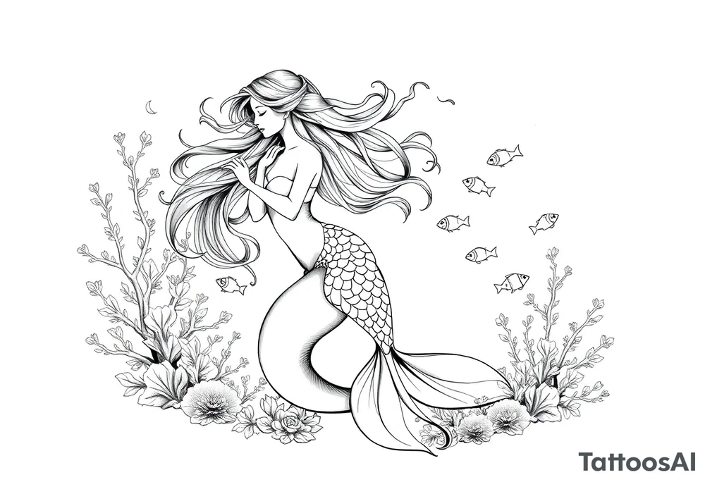 ethereal mermaid with flowing hair among coral reef and small fish tattoo idea