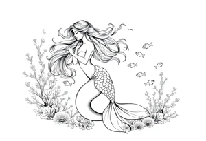 ethereal mermaid with flowing hair among coral reef and small fish tattoo idea