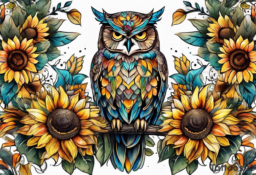 Leg sleeve with colorful sunflowers and an owl tattoo idea