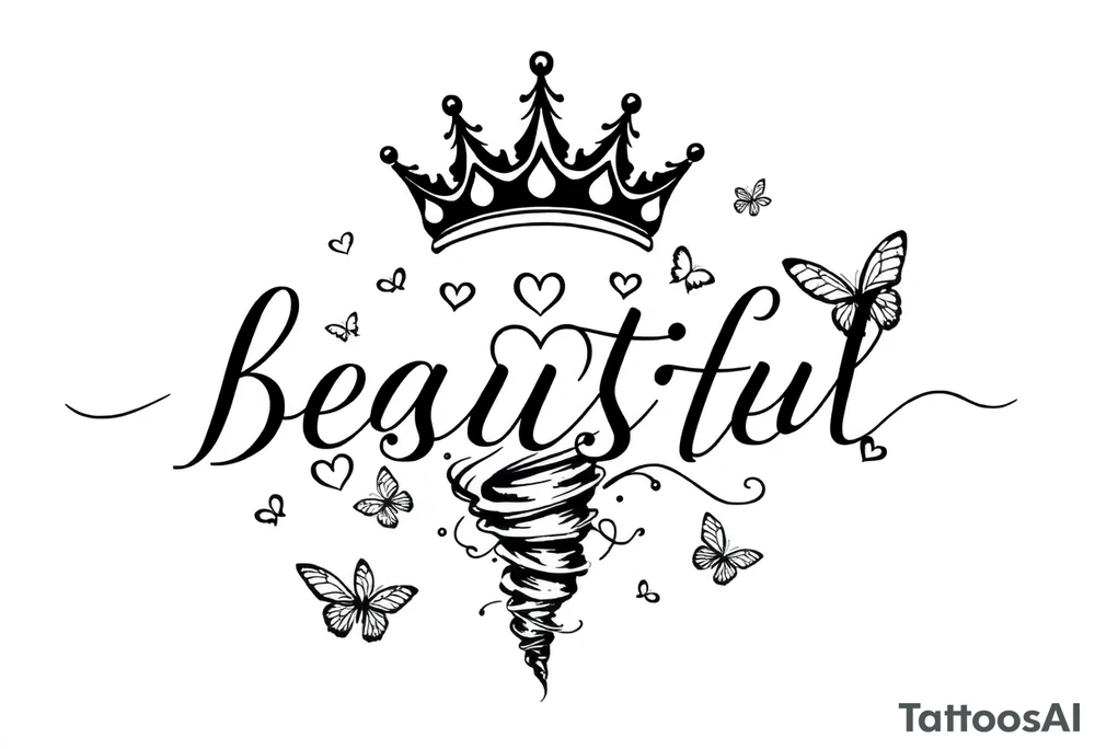 beautiful disaster with a 5 point crown hearts butterflys and a tornado with wind tattoo idea