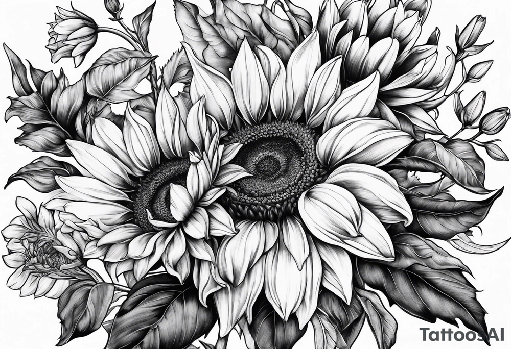 Sunflowers, tulips and forsythia tattoo idea