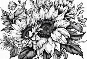 Sunflowers, tulips and forsythia tattoo idea