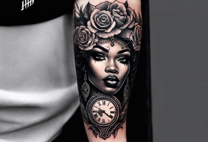 A feminine arm sleeve with a black African witchy queen woman with smoky eyes, a granddaddy clock with roses. tattoo idea