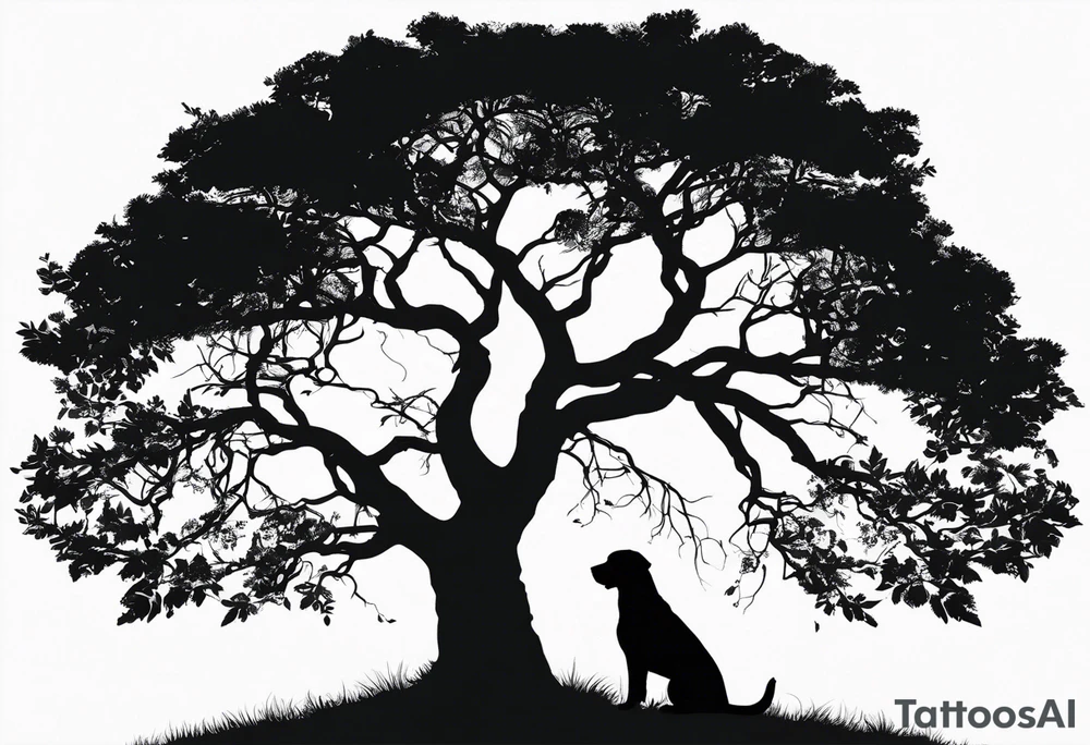 Silouette of a black lab sunder a tree. No detail on lab. Lab drawn to scale tattoo idea