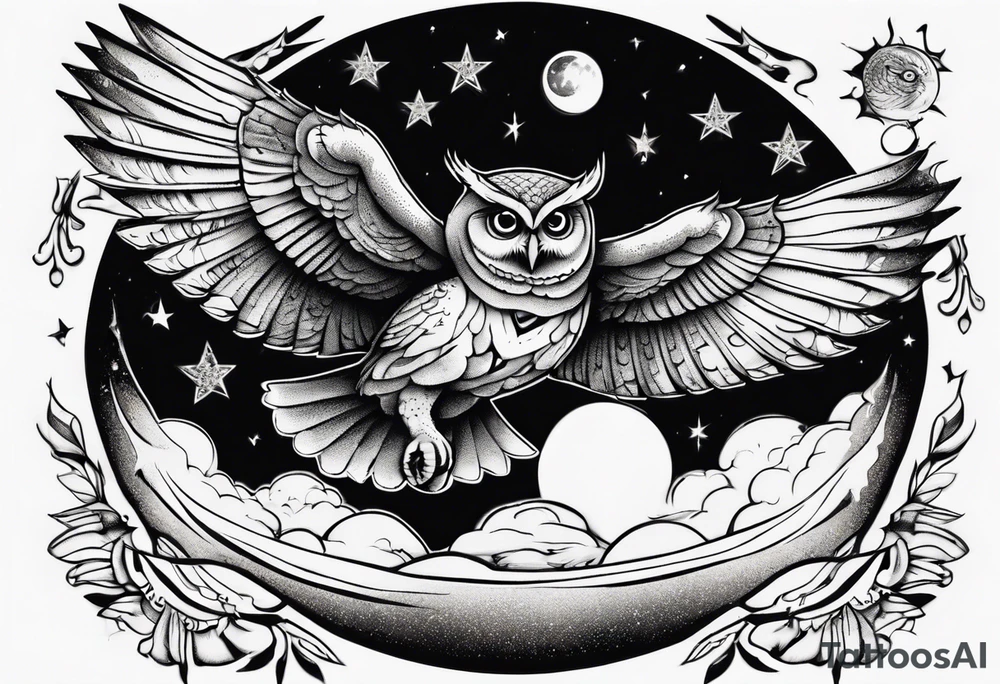 Wise Owl flying towards the Dark Moon. tattoo idea