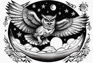 Wise Owl flying towards the Dark Moon. tattoo idea