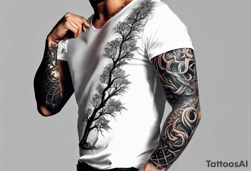 Full arm sleeve, tree going up to shoulder dead tree going down to wrist, wrapped in a serpent moving down with demon elements tattoo idea