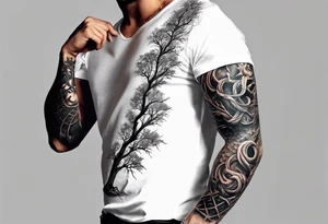 Full arm sleeve, tree going up to shoulder dead tree going down to wrist, wrapped in a serpent moving down with demon elements tattoo idea