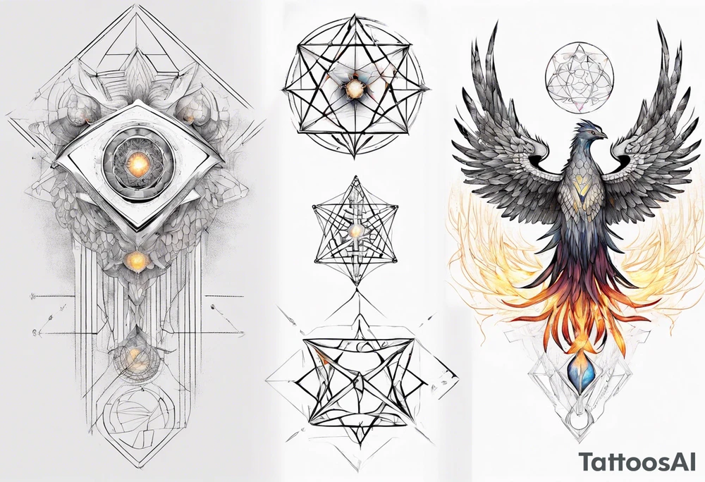 sacred geometry Metatron's cube with phoenix. Sleeve for woman's arm tattoo idea