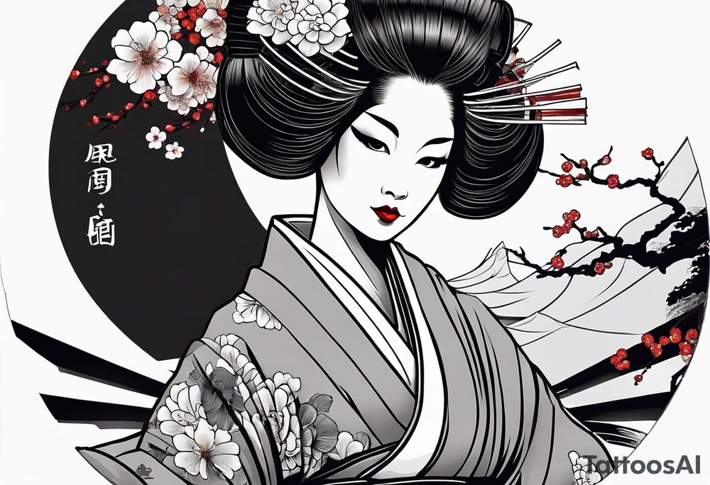 Geisha with a dress and a fan, traditional japanese style, white background tattoo idea