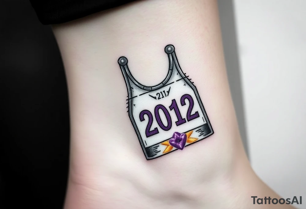 Safety pins through the skin attaching a running bib with 2012 and purple and gold accents tattoo idea