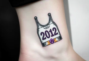 Safety pins through the skin attaching a running bib with 2012 and purple and gold accents tattoo idea