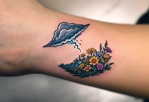 A storm cloud on one side and a field of blooming flowers on the other, connected by a glowing thread, symbolizing the consequences of past choices. tattoo idea