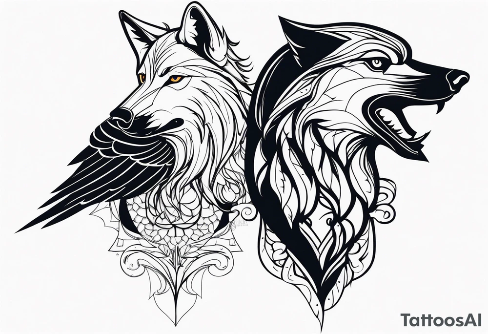 a wolf and a raven back to back facing opposite direction tattoo idea a wolf and a raven back to back facing opposite direction tattoo idea