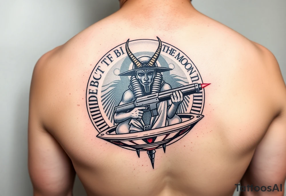 "Anubis in a ufo, holding a tommy gun. . Hieroglyph background spells 'BaCk TO THE MOON'.  

Style: Art Deco meets cyber-Egyptian. Black/red/gold ink. Forearm sleeve." tattoo idea