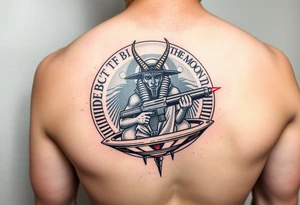 "Anubis in a ufo, holding a tommy gun. . Hieroglyph background spells 'BaCk TO THE MOON'.  

Style: Art Deco meets cyber-Egyptian. Black/red/gold ink. Forearm sleeve." tattoo idea
