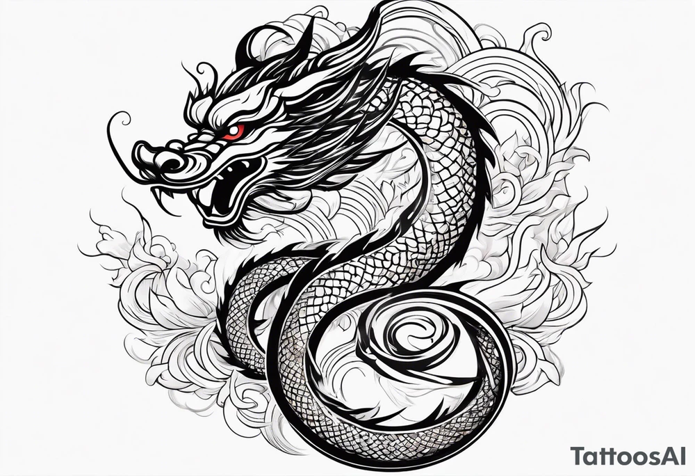 Spiral fire breathing chinese year of dragon tail with body and head extruding dimensionally up and outward. tattoo idea