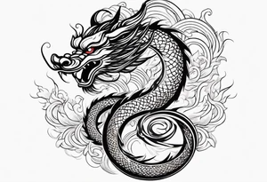 Spiral fire breathing chinese year of dragon tail with body and head extruding dimensionally up and outward. tattoo idea