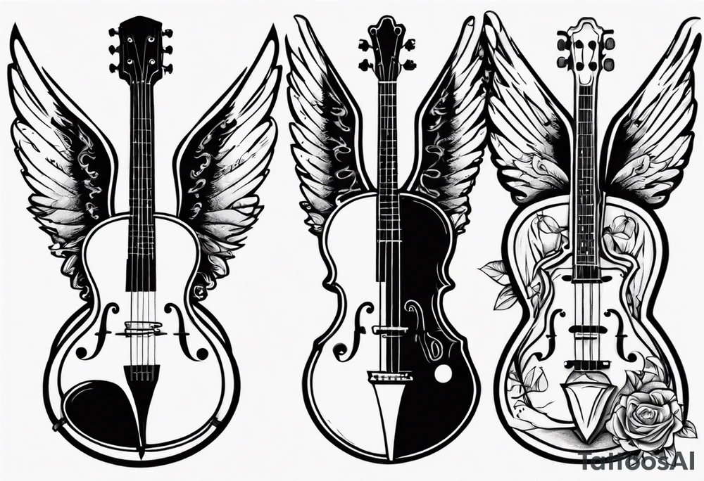GUITAR AND VIOLIN LEANING AGAINST EACH OTHER 
WITH ANGLE WINGS tattoo idea