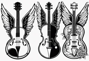 GUITAR AND VIOLIN LEANING AGAINST EACH OTHER 
WITH ANGLE WINGS tattoo idea