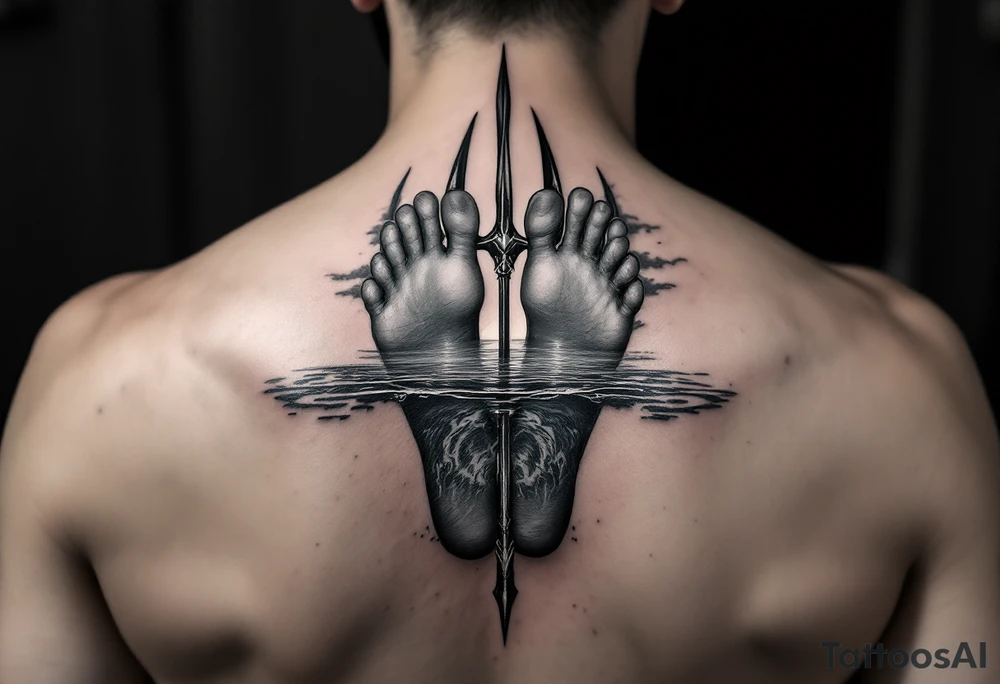 barefeet behind trident half way under water and sunset tattoo idea