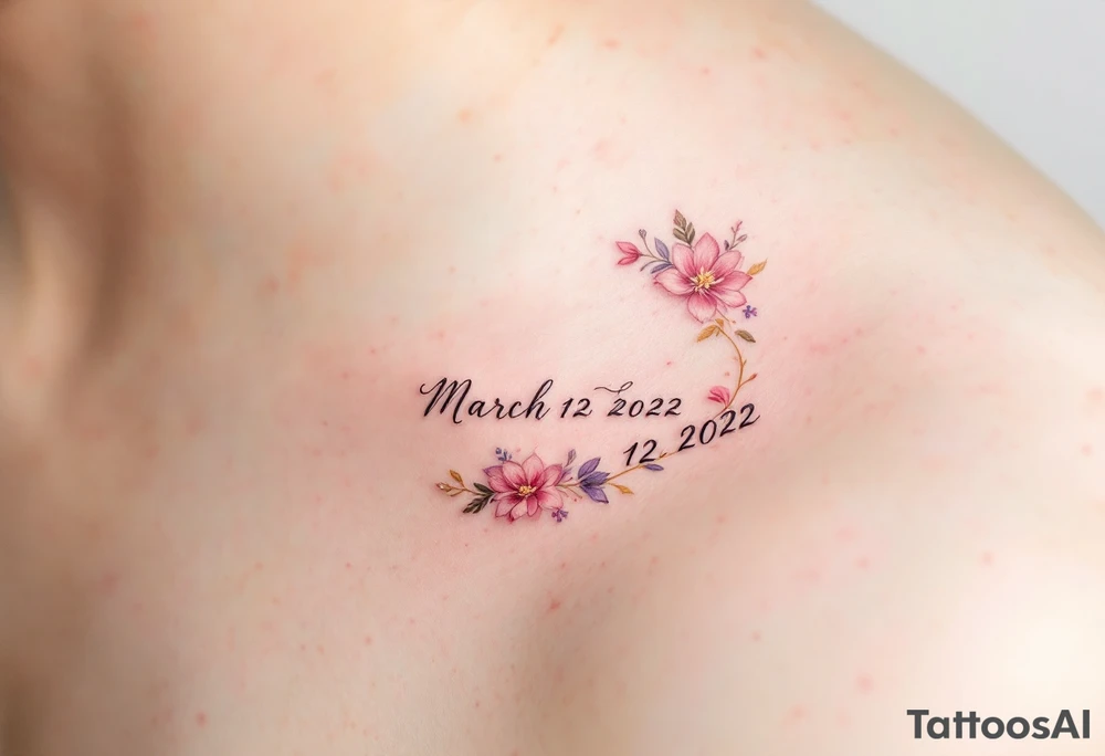 Lily's Birthdate (March 12, 2022) – A delicate rose pink and lavender floral design encircles Lily's birthdate in elegant cursive, with tiny gold accents around the numbers. tattoo idea