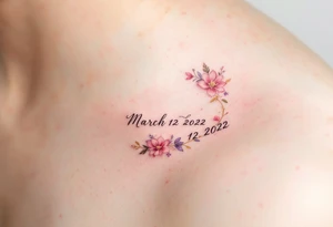 Lily's Birthdate (March 12, 2022) – A delicate rose pink and lavender floral design encircles Lily's birthdate in elegant cursive, with tiny gold accents around the numbers. tattoo idea