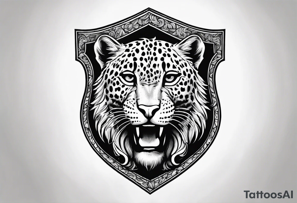 A shield with small leopar head as shield's emblem. The shield would be hang on a ivy planted wall tattoo idea