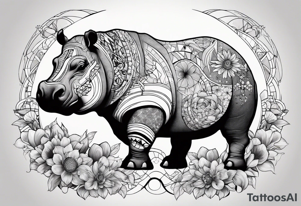 Hippo, flowers, moon, interstella , artic surreal, 
Extreme fine lines, +tribal, +geometric, develop from my favourites tattoo idea