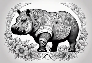 Hippo, flowers, moon, interstella , artic surreal, 
Extreme fine lines, +tribal, +geometric, develop from my favourites tattoo idea