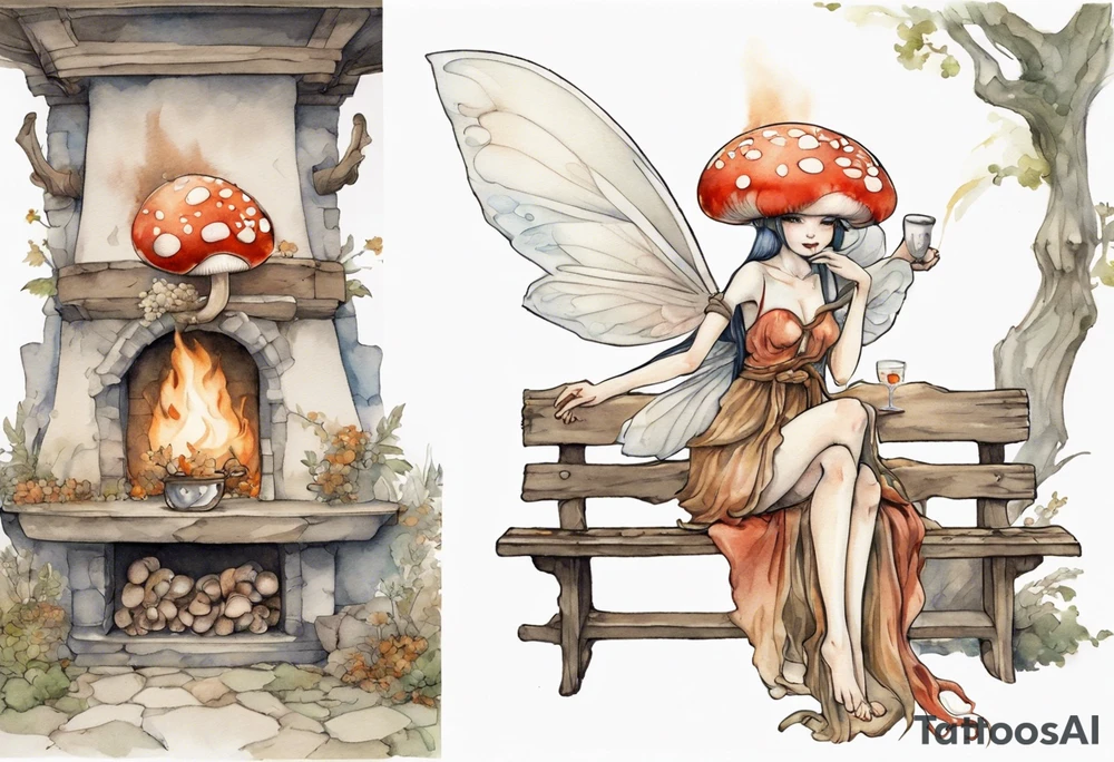 a mushroom fairy
wearing a medieval tunic sitting on a bench by a fireplace drinking from a wood cup, happy tattoo idea