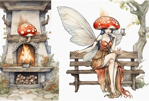 a mushroom fairy
wearing a medieval tunic sitting on a bench by a fireplace drinking from a wood cup, happy tattoo idea