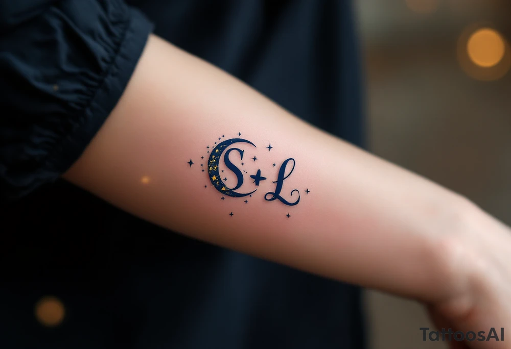 Celestial Monogram – Midnight blue and gold “S ∗ L” with small stars and a crescent moon orbiting the letters. tattoo idea