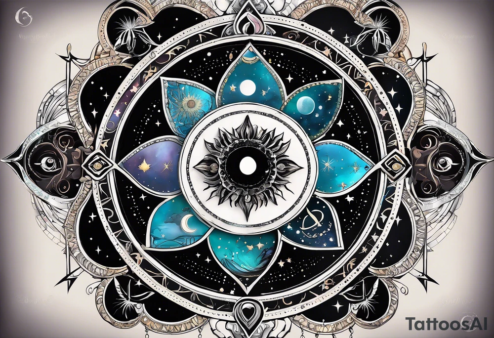 Astrology, Cancer, Natal Chart, symbolic, vision, yin yang, the moon, the sun, Uranus, Pluto, spiritual third eye, mystical armband tattoo idea