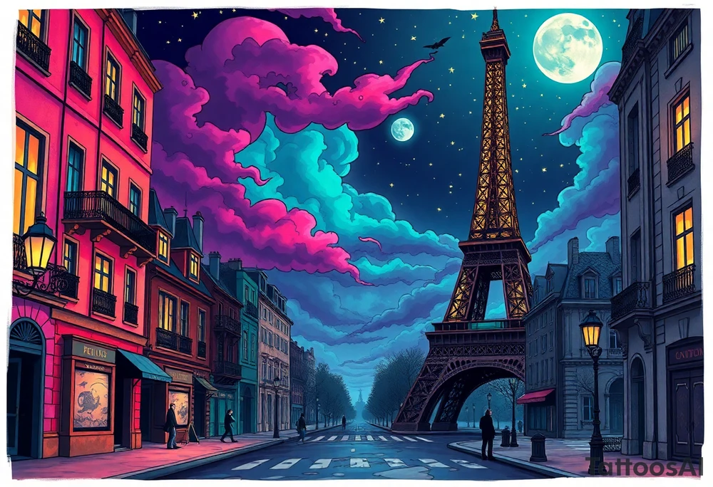 Tim Burton’s paris streets with effel tower from outside view is the street abandoned and dripping with muted reds, dusty pinks, and eerie green glow purple and cyan smokey clouds swirl and dance in the moonlit night sky filled with twinkling stars  tattoo idea tattoo idea