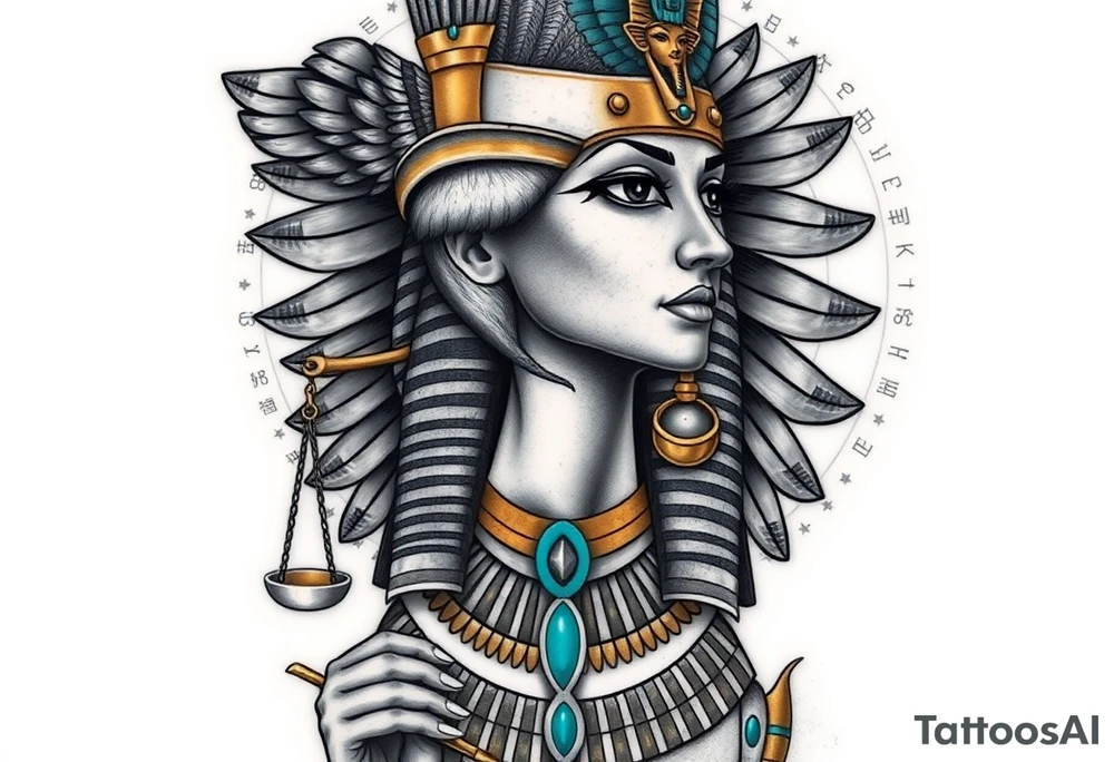 Super realistic tattoo design of the Egyptian goddess Ma’at, depicted as a serene and regal woman with an elegant ostrich feather on her head symbolizing truth and balance, wearing traditional ancient Egyptian attire with intricate gold and turquoise jewelry, holding scales of justice in one hand. The design features detailed facial features with soft natural lighting, realistic skin texture, and subtle shading to emphasize depth and dimension. Background elements include faint hieroglyphics and cosmic symbols representing order and harmony. Style: hyper-realistic, high detail, focused on symbolism and spiritual essence, suitable for upper arm or chest tattoo. tattoo idea