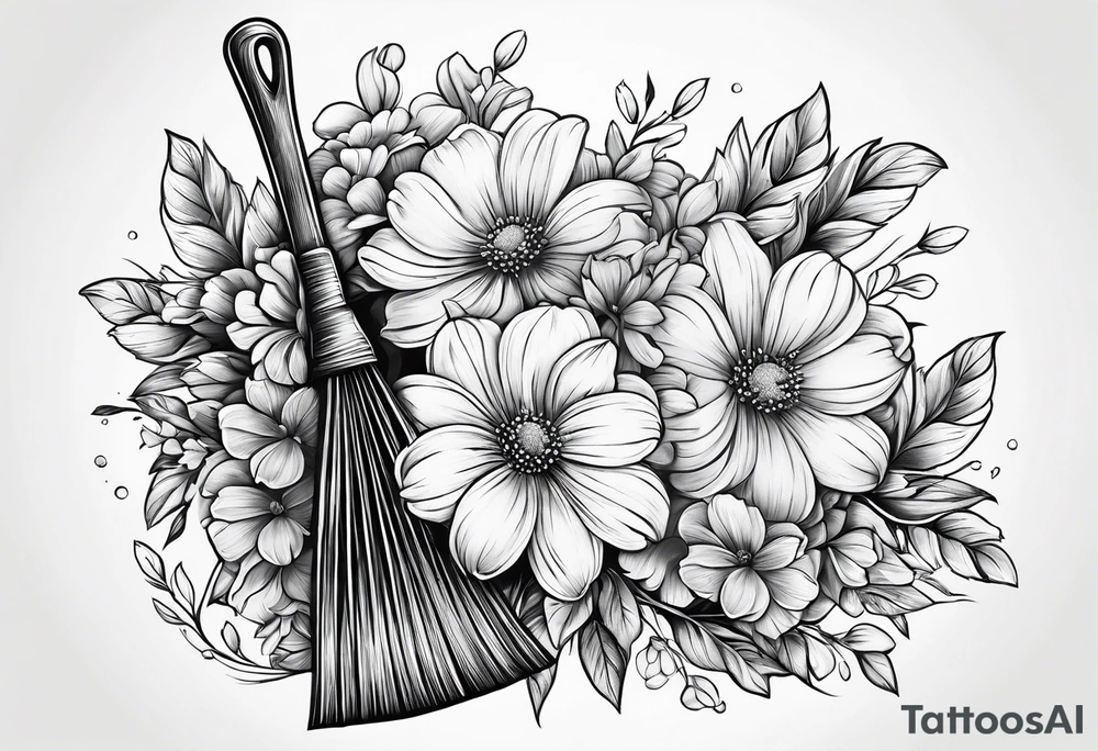 broom with flowers tattoo idea