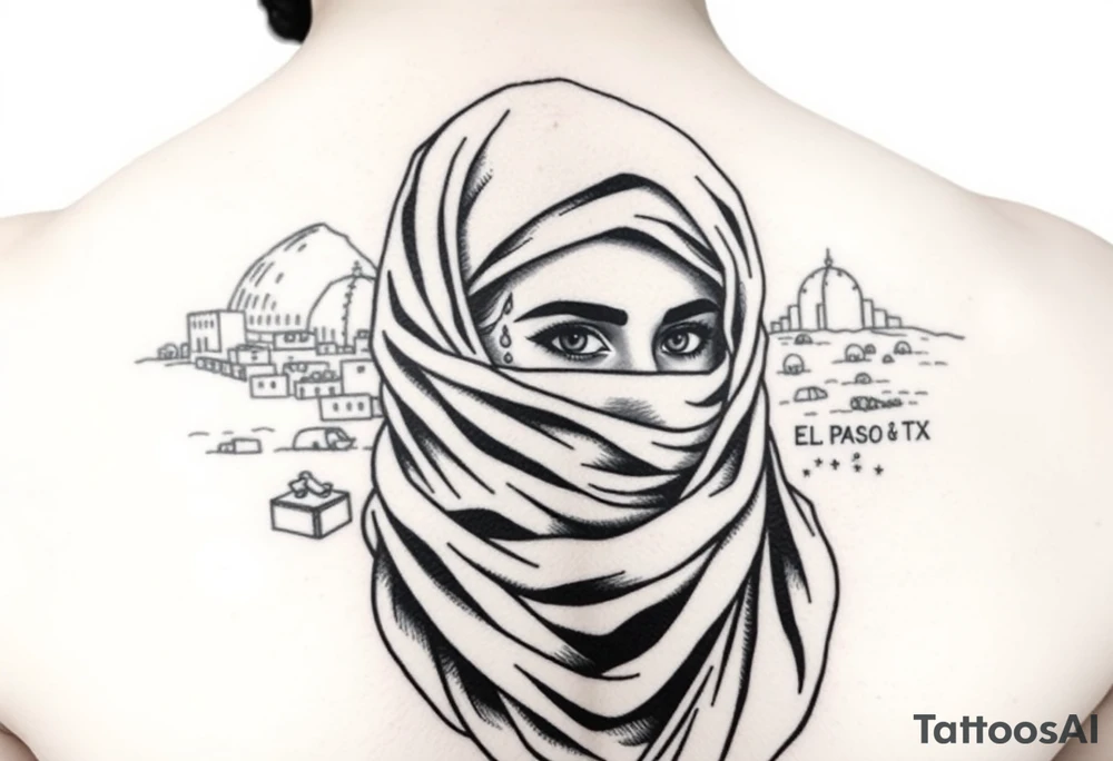 Arab woman with scarf over face with el paso tx culture in background tattoo idea