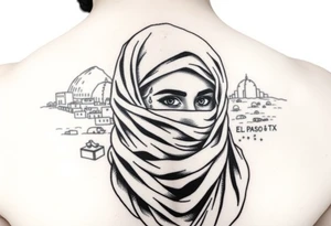 Arab woman with scarf over face with el paso tx culture in background tattoo idea