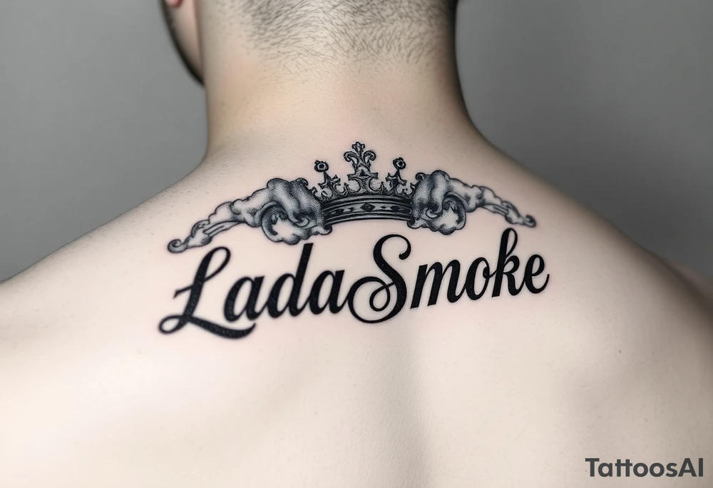 LadaSmoke name with a crown and clouds of smoke tattoo idea