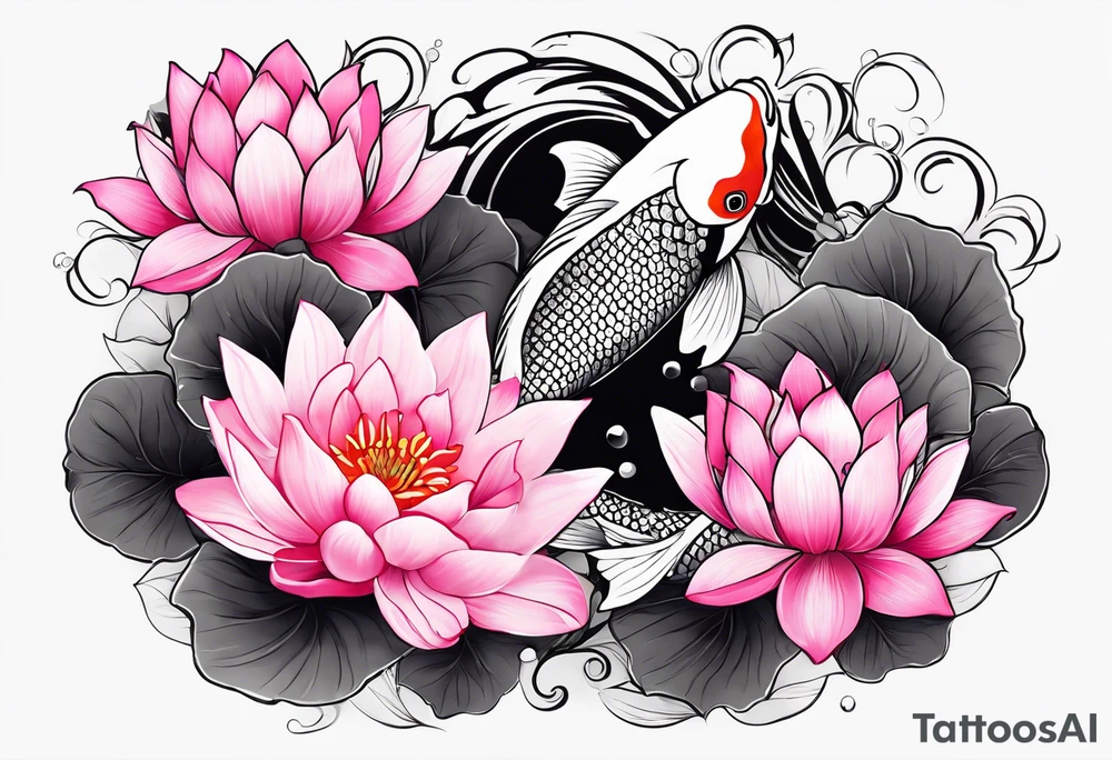 Two pink and black  Koi swimming between and lotus flowers tattoo idea